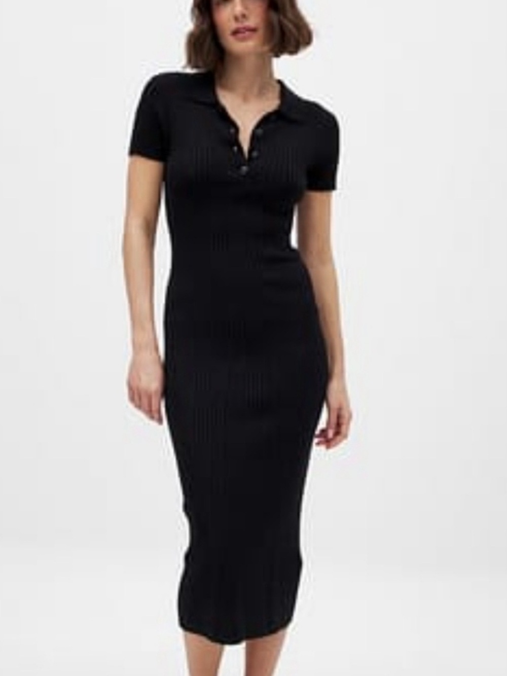 Zara Black Ribbed Polo Midi Dress with Buttons